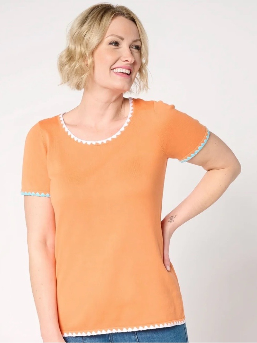 Belle by Kim Gravel Orange Short-Sleeve Knit Top with White and Light Blue Trim